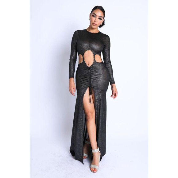 Womens Glitter Shirring Detailed Slit Cutout Maxi Dress Club Party Black Dress - Picture 2 of 11